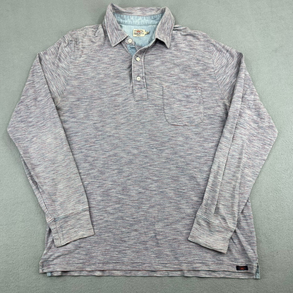 Faherty Brand Mens Long Sleeve Pocket Polo Shirt Indigo Dyed Micro Stripe Size M